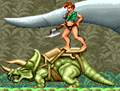 An Amazoness using a Triceratops as steed