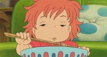 Ponyo sleepy while eating food