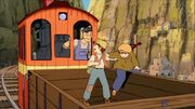 Pazu and Sheeta flee from the Dola Gang and the military.