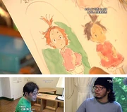 Miyazaki and his regular collaborators, animation director  and artistic director , working to flesh out Ponyo.