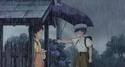 Kanta and Satsuki in rain and at bus stop