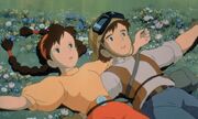 Pazu and Sheeta safely arrive on the strange and mysterious Laputa.