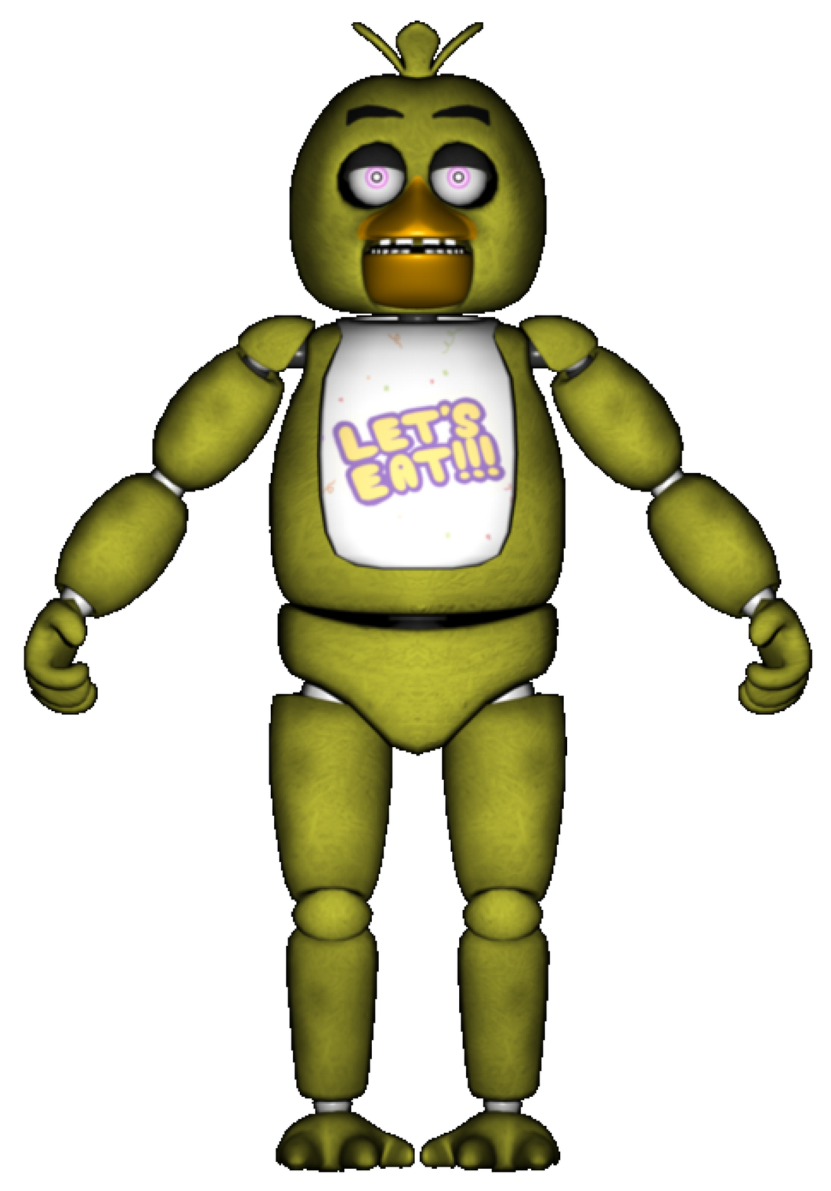 205046 - safe, artist:bootsdotexe, withered chica (fnaf), animatronic, bird, chicken, fictional species, galliform, robot, five nights at freddy's, 2017, bib, eyelashes, female, looking at you, purple eyes, signature, simple background, solo, transparent