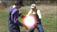 Wario and Waluigi combine their fireballs into one large fireball