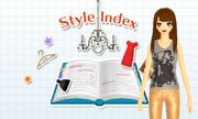 An open blue book on a white background, with various sticker-like elements including a dress and a clothes hanger popping out of it. Above the book are the words “Style Index” in pink and a black chandelier. The character Michaela stands in front of the book.