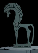 A statue of a horse in the ancient section.