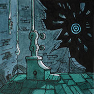 A room shattered by a blue karma portal. A hook is hanging from the ceiling in the far left corner and an unidentifiable device is in the middle.