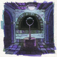 A modified lab portal with one two-pronged arm in a cylindrical base, found in a purple room.