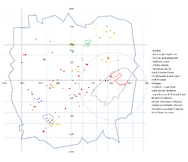 (Outdated) Map featuring known cave entrances, points of interest, and land masses, includes more gridlines for increased precision (25.04.2016)