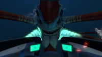 A 'Reaper Leviathan attacking a Seamoth, viewed from the inside