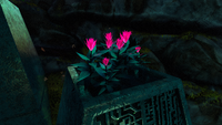 Voxel Shrubs atop a pedestal in the Deep Lilypads Cave Cache.
