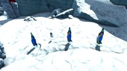 Стая пингвикрылов с пингвикрыликом на берегу ледникового озера.