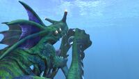 A Sea Dragon Leviathan holding a Seamoth