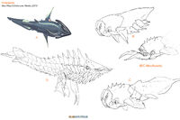 Concept art for four unused predators, with the exception of the Cryptosuchus.