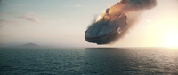 The Aurora crashing into 4546B after being shot down by the Quarantine Enforcement Platform seen in the Cinematic Trailer