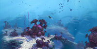 More Twisty Bridges' Concept art, showing Blue Barnacle Clusters towards the bottom