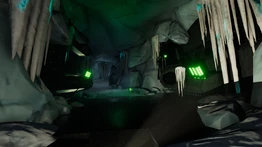 Освещённая ледниковая пещера с теплицами.