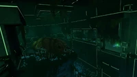 An aquarium inside the Disease Research Facility containing the skeleton of an extinct life form
