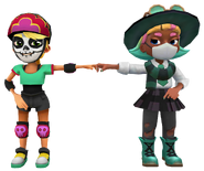 Olivia in her Derby Macabre Outfit fist bumping Pink in her Spellcaster Outfit