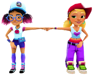 Jenny in her Pixel Outfit fist bumping Tricky in her Heart Outfit