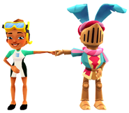 Kim in her Dive Outfit fist bumping Soul in his Sir Easter Outfit
