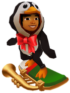 Malik in his Penguin Outfit surfing on Ho Ho Hoverboard