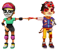 Olivia in her Derby Macabre Outfit fist bumping Sun in his Rogue Outfit