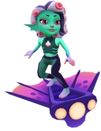 Koral in her Tenta Queen Outfit surfing on Viperfish with fixed foot pose