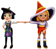 Freya in her Winter Magic Outfit fist bumping Coco in her Art Outfit