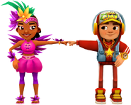 Carmen in her Shake Outfit fist bumping Jake in his Star Outfit