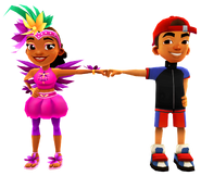 Carmen in her Shake Outfit fist bumping Roberto in his Cules Outfit