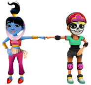 Olivia in her Derby Macabre Outfit fist bumping Amira in her Genie Outfit