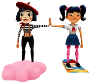 Coco surfing on Sweetheart high fiving Harumi surfing on Kitty