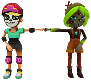 Olivia in her Derby Macabre Outfit fist bumping Morgan in her Swamp Mystery Outfit