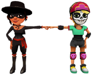 Olivia in her Derby Macabre Outfit fist bumping Rosa in her Fox Outfit