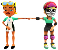Kim in her Dive Outfit fist bumping Olivia in her Derby Macabre Outfit