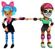 Olivia in her Derby Macabre Outfit fist bumping Harumi in her Meow Outfit