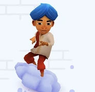 Jay in his Blue outfit surfing on Snow Cloud