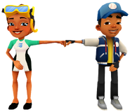 Kim in her Dive Outfit fist bumping Tony in his Game Outfit