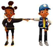 Ella in her Gold Outfit fist bumping Tony in his Game Outfit