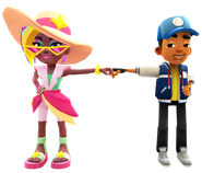 Berta in her Summer Eleganza Outfit fist bumping Tony in his Game Outfit