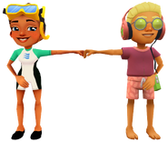 Kim in her Dive Outfit fist bumping Dylan in his Walkman Outfit