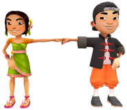 Lee in his Wudang Outfit fist bumping Mei in her Bumi Outfit