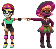 Olivia in her Derby Macabre Outfit fist bumping Pink in her Witchcap Outfit