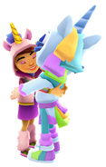 Jia in her Unicorn Outfit hugging Finlay