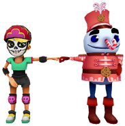 Olivia in her Derby Macabre Outfit fist bumping Buddy in his Candy Outfit