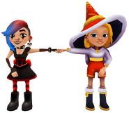 Freya in her Winter Magic Outfit fist bumping Lucy in her Goth Outfit