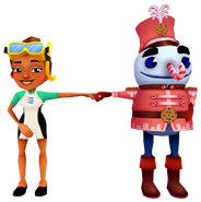 Kim in her Dive Outfit fist bumping Buddy in his Candy Outfit