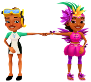 Carmen in her Shake Outfit fist bumping Kim in her Dive Outfit