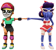 Olivia in her Derby Macabre Outfit fist bumping Cathy in her Seaside Outfit
